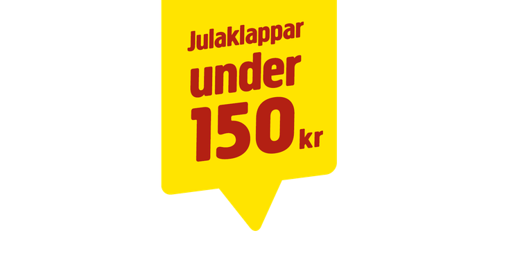 En gul skylt med en pratbubbla där det står Julaklappar under 150 kr.