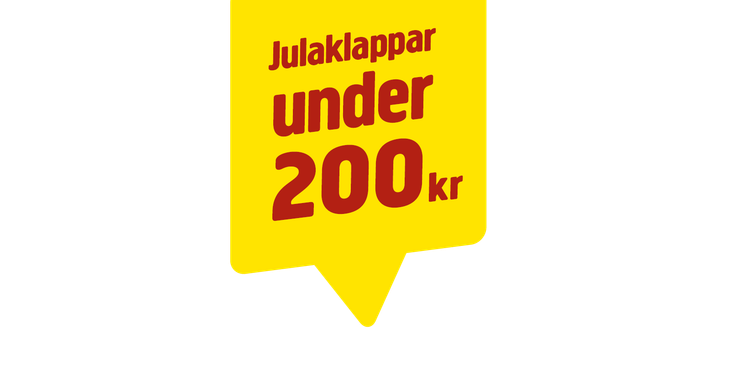 Gul skylt i form av en pratbubbla med texten Julaklappar under 200 kr.