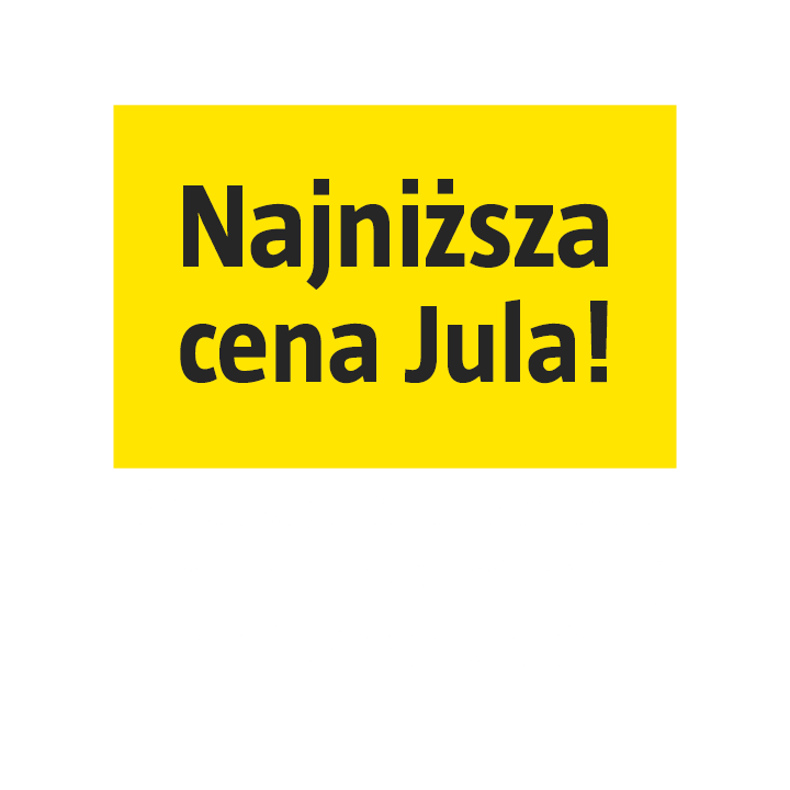 Żółty znak z pogrubionymi czarnymi literami z napisem Najniższa cena Jula!, co oznacza Najniższa cena w Jula!.
