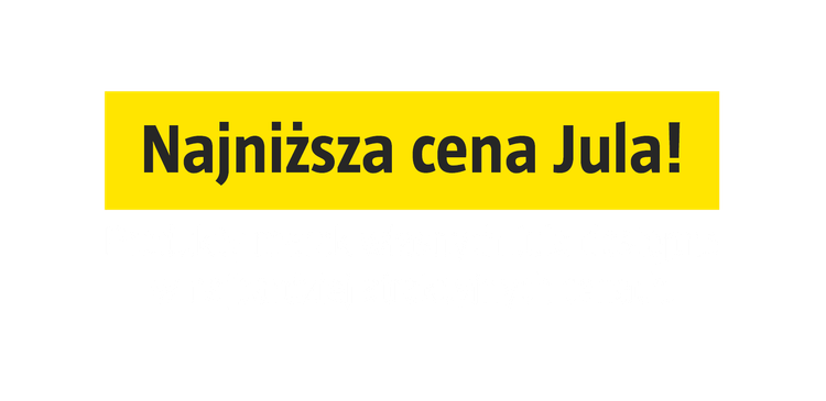 Żółty znak z pogrubionymi czarnymi literami z napisem Najniższa cena Jula!, co oznacza Najniższa cena w Jula!.