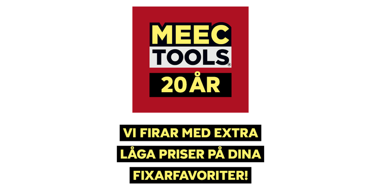 Svart, gul och vit designläsning: MEEC TOOLS 20 ÅR. Fira med extra låga priser på dina fixarfavoriter! 20-årsjubileum rea.