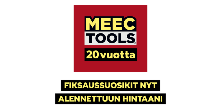 Mustakeltainen grafiikka korostaa Meec Toolsin 20-vuotisjuhlavuotta ja kiinnityssuosikkien alennettuja hintoja.
