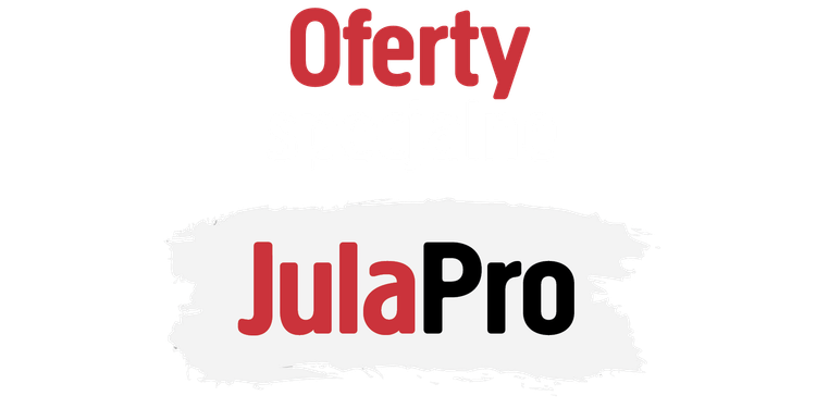 Oferty" pojawia się na czerwono u góry, z dużym logo JulaPro poniżej; "Jula" jest na czerwono, "Pro" jest na czarno pociągnięciem pędzla.