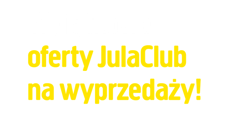Promocje od JulaClub w sprzedaży! Wyraziste białe i żółte litery na jasnoszarym tle.