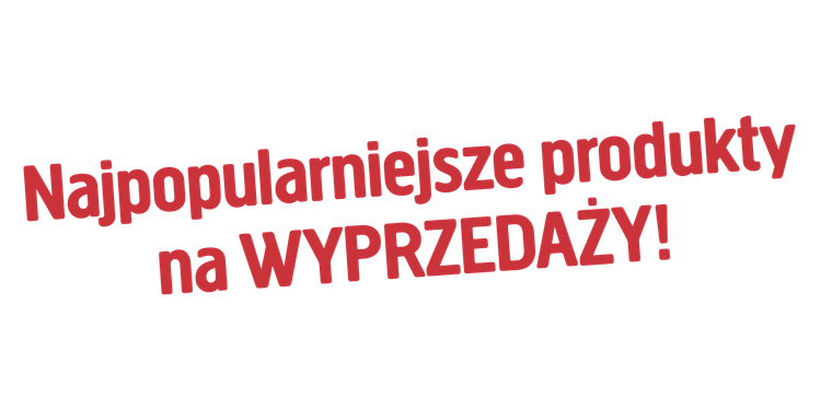 Czerwony tekst brzmi: „Najpopularniejsze produkty na WYPRZEDAŻY!”, co po angielsku oznacza „Most popular products on SALE!”.