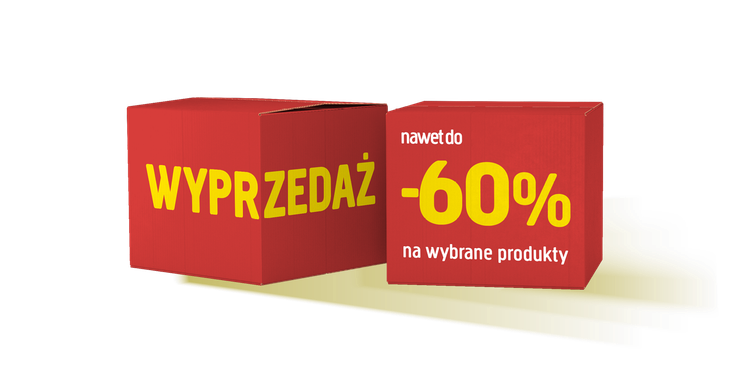 Dwa czerwone pola z żółtym i białym tekstem informują o wyprzedaży, w ramach której na wybrane produkty oferowane są rabaty sięgające nawet 60%.