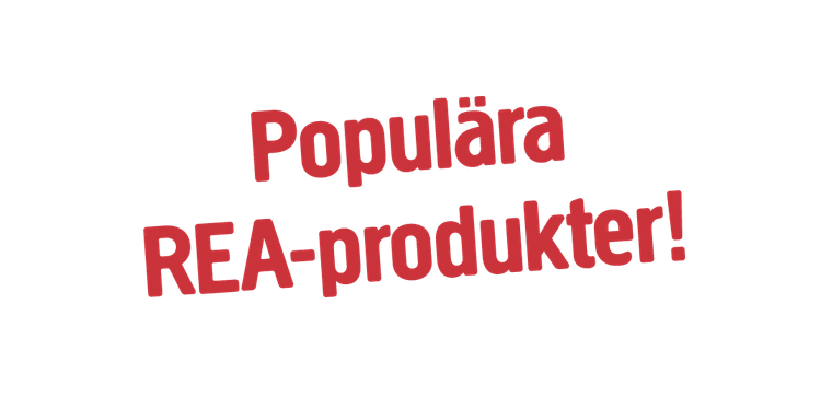 Röd text på ljusgrå bakgrund lyder ”Populära REA-produkter!”, vilket betyder ”Populära REA-produkter!” på engelska.