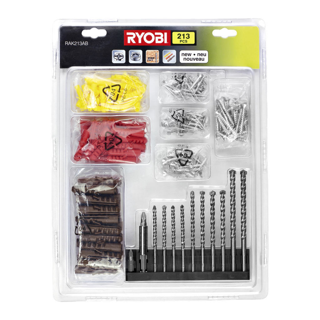 Ryobi Bor-/skrue-/pluggsett 213 deler